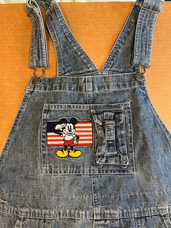 Vintage 90’s Disney Denim Mickey Mouse Overalls Jean Short USA Romper SZ Large - Picture 2 of 15